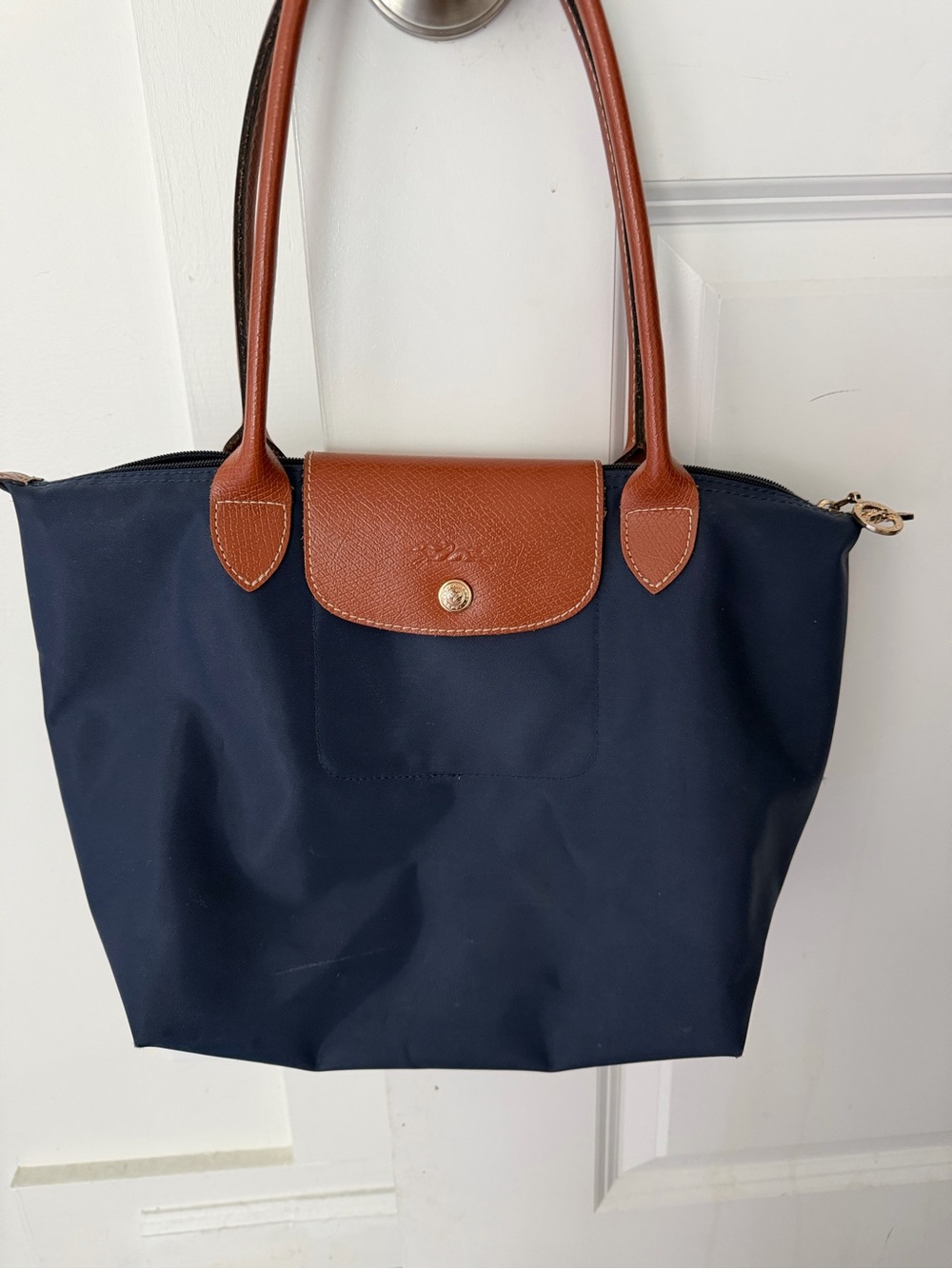 Longchamp Navy and Brown Leather-Trim Tote